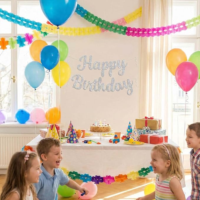 Glitter Happy Birthday Banner Sign, Reusable Birthday Party Garland Decorations, DIY Cake Day Celebration Banners Party Supplies for Women, Men, Boys, Girls (Silver)