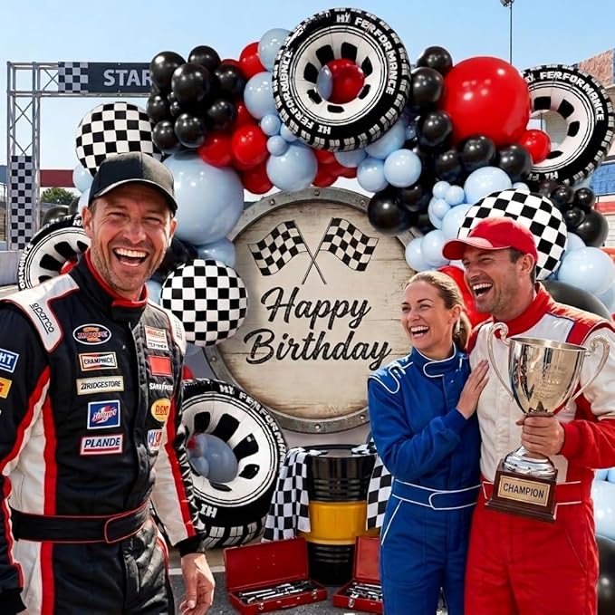 Car Balloon Arch Garland Kit 200pcs, Checkered Wheel Tire Black Red Blue Balloons Arch Kit for Racing Car Two Fast Theme Boy Birthday Anniversary Party Decorations