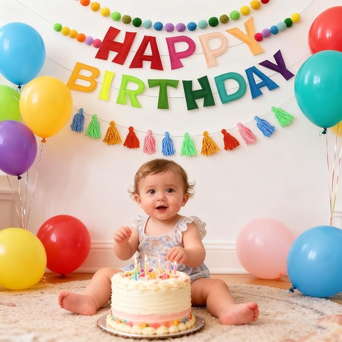 Pre-Strung Happy Birthday Banner Felt Ball Garland Reusable Happy Birthday Garland Pom Pom Party Decor Colorful Thread Tassel Rainbow Party Decorations for Girls Boys Women Men