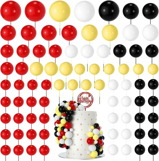 NACHLYNN 80 Pcs Cake Balls Decorations Mini Balloon Cake Topper Balls Foam Cupcake Toppers Balls for Cake Decorating Birthday Parties Weddings Anniversary (Red Yellow Black White)