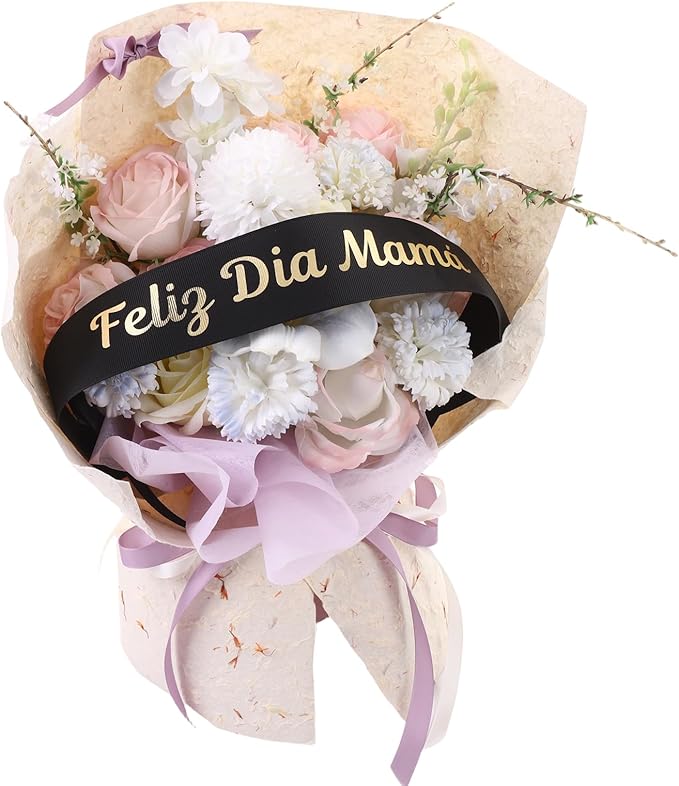 Set of 12 Bouquet Banner Grosgrain Ribbon Tie Wrap Printed Sash Florist Bulk Supply for Floral Arrangements (Black - Feliz Dia Mama)