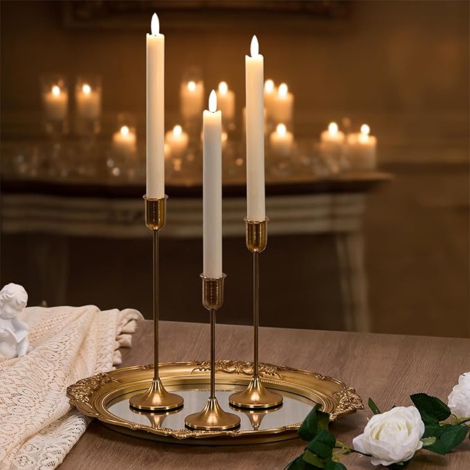 Brass Gold Candlestick Holders, Metal Taper Candle Holders Set of 6, Vintage Modern Candle Sticks Holder Decor for Table Centerpiece, Fireplace Mantel Wedding Housewarming Gift, Candlelit Dinner Décor