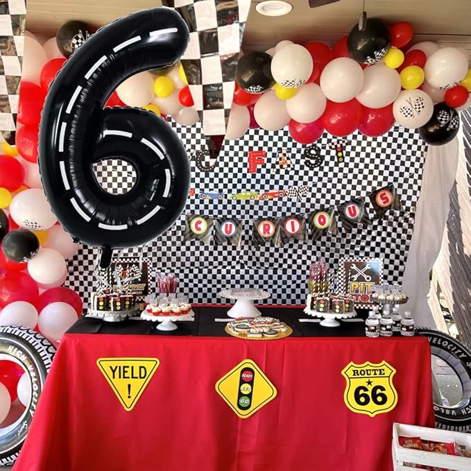 TONIFUL Race Car Black Balloons Car Birthday Party Supplies,40 Inch Giant Jumbo Helium Foil Mylar Big Number 6 Digital 6 Balloons for Boy's Birthday Party Truck Race Car Theme Party Decorations