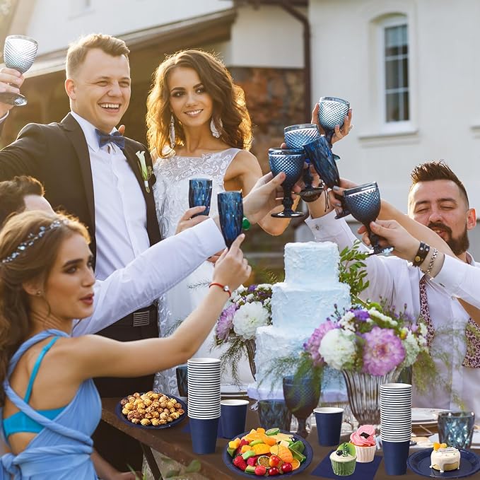 Tioncy 200 Pcs Navy Blue Disposable Paper Plates Cups and Napkins, Graduation Party Supplies Serve 50 Guests Disposable Paper Dinnerware Set for Birthday Wedding Baby Shower Family Picnic