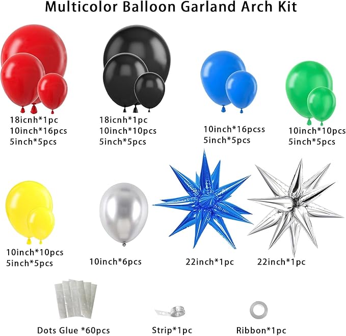Black Red Blue Green Balloon Garland Arch Kit,Red Yellow Green Blue Black Balloons for Birthday Graduation Carnival Superhero Robot Blocks Video Game Themed Party Decor