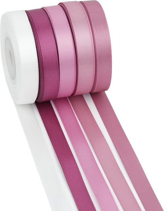 Dusty Rose Ribbon 3/8 Inch Satin Ribbon, 5 Rolls 50 Yards Dusty Pink Mauve Ribbon for Wedding, Baby Shower, Gift Wrapping, Invitation Cards, Hair Bows, Crafts