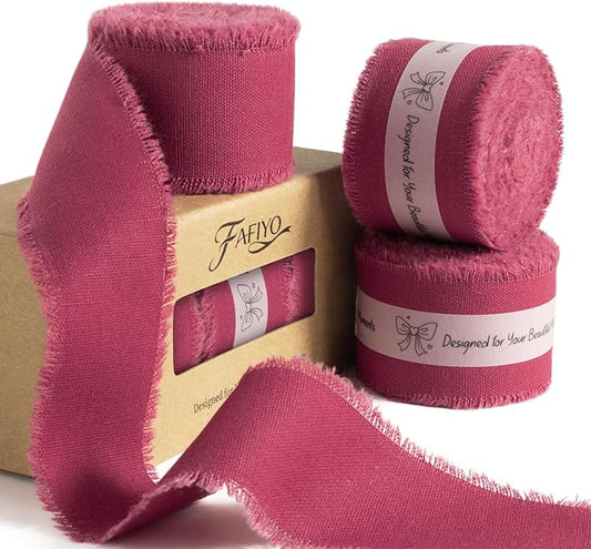 Burgundy Cotton Ribbon 1-1/2 Inch Burgundy 3 Rolls 21 Yards Frayed Edge Fabric Set for Wedding Decor, Bridal Bouquet Wrap, Anniversary Celebration, Gift Wrapping & Christmas Decor