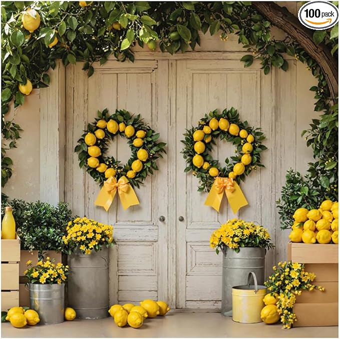 Kate 10x10ft Summer Lemonade Party Photography Backdrops White Wooden Door Farm Market Fresh Lemon Photo Background