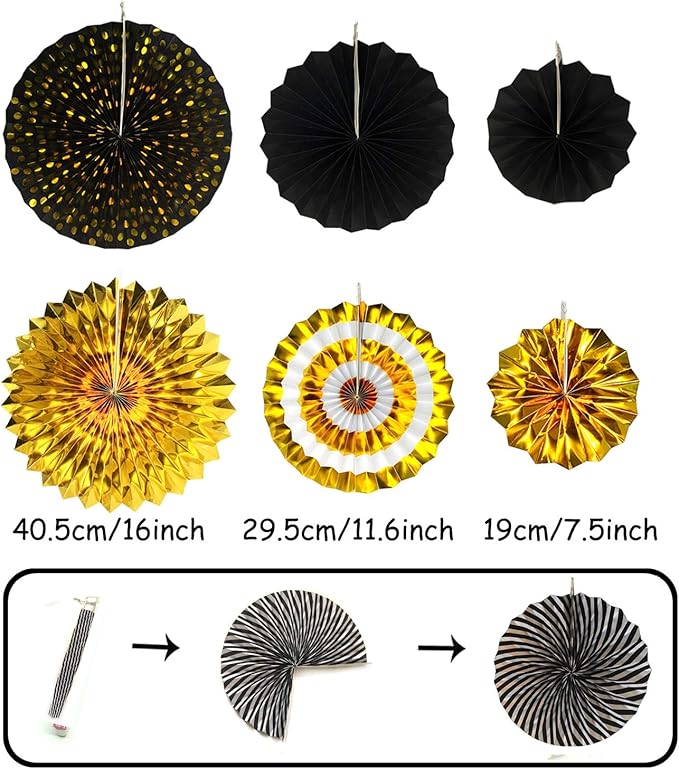 ZERODECO Black and Gold Party Decorations, Confetti Balloons Decorative Folding Fans Paper Pompoms Triangle Bunting Flags Garlands for Graduation Wedding Birthday Photo Backdrop Party Decorations
