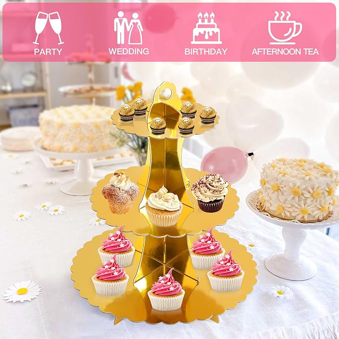 Soleebee 3-Tier Cupcake Stand, Cardboard Cupcake Tower, Dessert Cup Cake Stand Tower for Birthday Wedding Party Decoration, Cupcake Tier Stand 1 Set (Gold)
