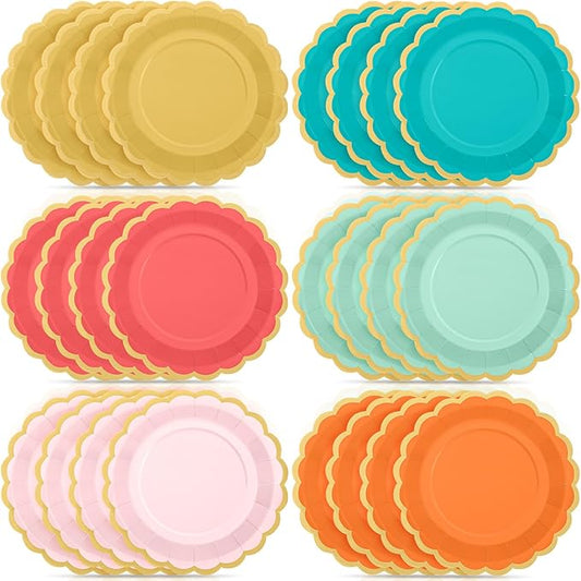 48 Pcs Colorful Coral Paper Plates 9 Inch Pastel Rainbow Scalloped Paper Plates Disposable Dinner Dessert for Birthday Wedding Bridal Party Supplies, 6 Colors