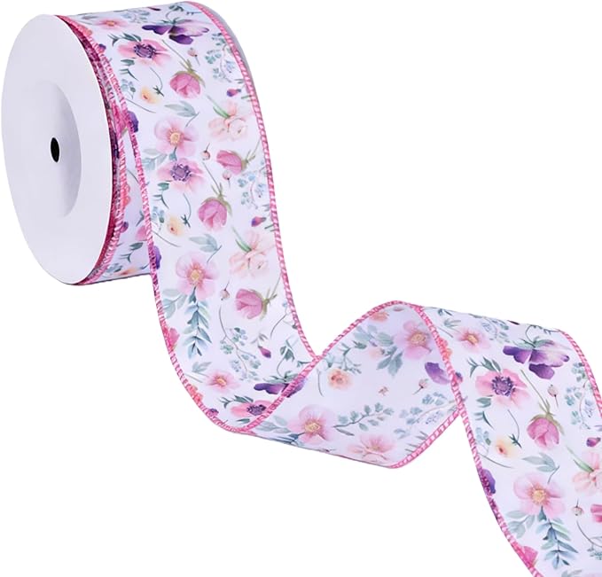 Meseey Flower Wired Edge Ribbon Pastel Summer Decoration Ribbons for Wreaths, Crafts, Garlands, Gift Wrapping (Gradient Flower, 2.5 Inch)