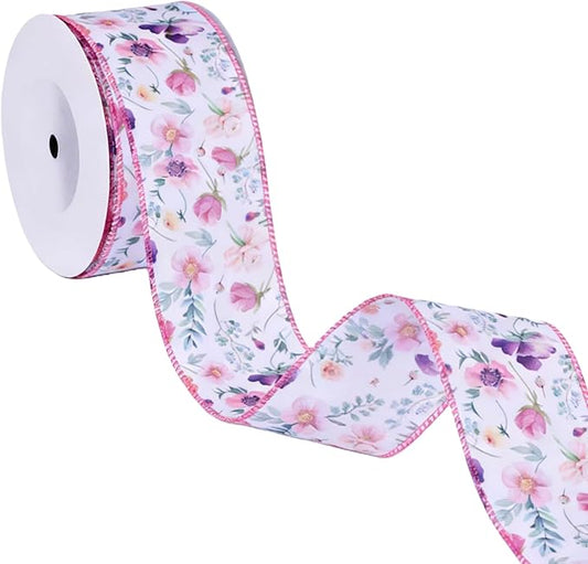 Meseey Flower Wired Edge Ribbon Pastel Summer Decoration Ribbons for Wreaths, Crafts, Garlands, Gift Wrapping (Gradient Flower, 2.5 Inch)