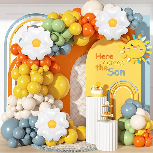 Ouddy Life 167Pcs Here Comes the Son Balloon Arch Garland Kit, Retro Boho Colorful Dusty Blue Burnt Orange Mustard Yellow Daisy Balloons for Boys First Birthday Baby Shower Easter Party Decorations