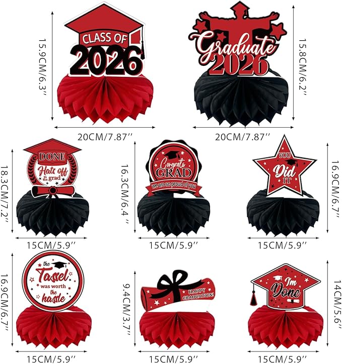 8PCS Graduation Decorations 2026, Class of 2026 Congrats Grad Table Centerpieces Congratulate Graduation Honeycomb Table Toppers for Graduation Party Supplies (Red Black)
