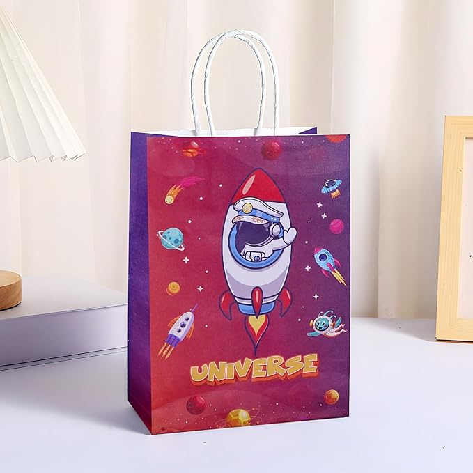 JALEBRO 24PCS outer space alien astronaut theme Party Favors Gift Bags Bulk with Handle, Paper Snack Treat Goodie Bag for Space Goody Bags Birthday Party Decorations Supplies 8"x5.9"x3.1" (space)