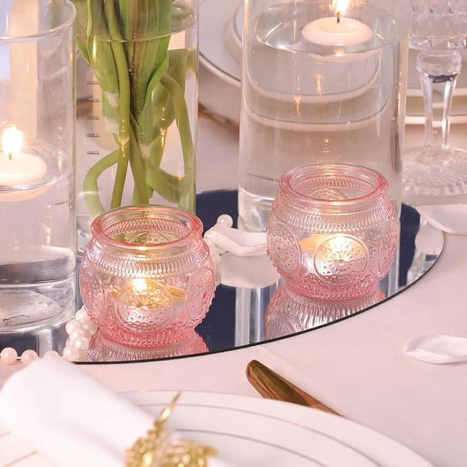 24 Pcs Pink Candle Holder for Bridal Shower, Wedding Table Decorations- Floral Style Pink Votive Candle Holder, Centerpieces for Birthday, Engagement Party Decor