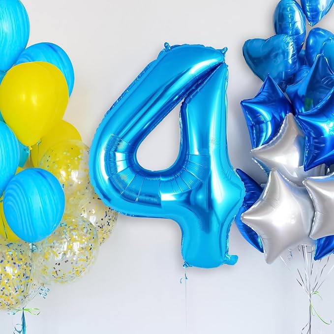 Blue Number 4 Balloon 40 Inch, Big Large Foil Helium Number Balloons, Jumbo Giant Mylar Number 4 Balloons for 4 Year Old Birthday Party Decorations Supplies Anniversary Celebration