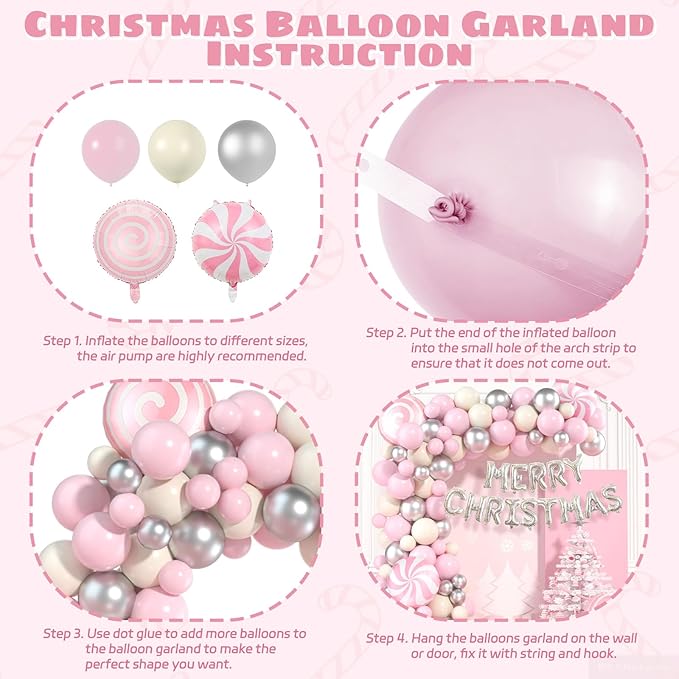 Christmas Balloon Garland Arch Kit 115pcs Pink Silver White Balloon Garland with Candy Windmill Merry Christmas Balloons for Xmas Party Decorations