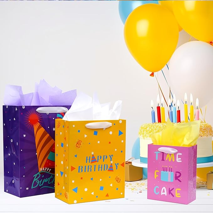 Nihuecne 8 Pack Birthday Gift Bags Assorted Sizes (2 Extra Large 15", 3 Large 13",3 Medium 9") with Ribbon Handle and Tissue Paper, Reusable and Perfect For Wrapping Present