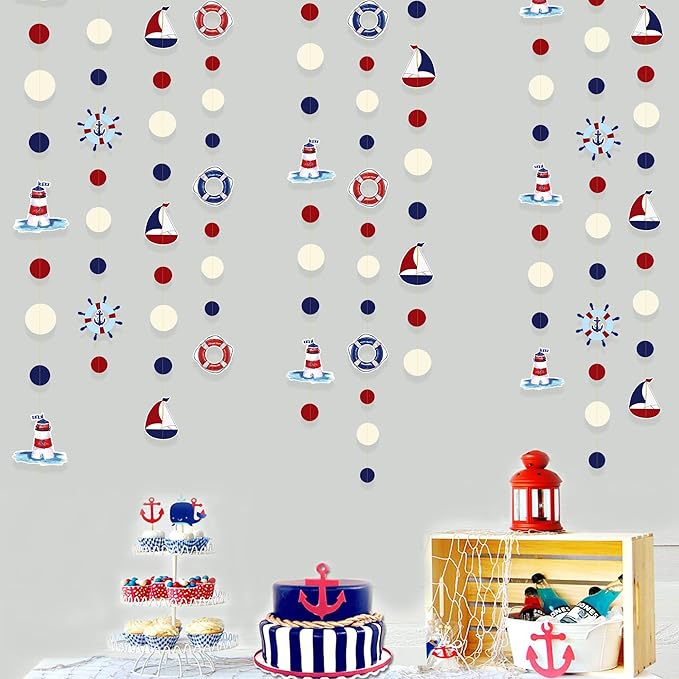 Nautical Party Decorations Red Blue Beige Circle Dots Garland Hanging Paper Polka Dot Streamer for Birthday Wedding Baby Shower Bachelorette Nautical Ahoy Achor Pirate Theme Party Decorations Supplies