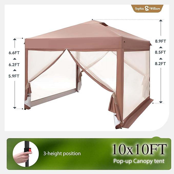 Sophia & William Canopy Tent Pop Up 10x10 ft, Outdoor Patio Portable Commercial Canopies Shelter with Screen Mesh, Roller Bag, 8 Stakes, 4 Guy Ropes, UPF50+ (Brown)