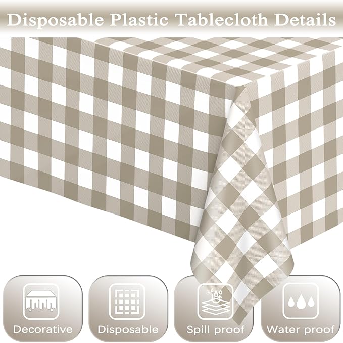 WNINK 6 Pack Brown Checkered Rectangular Plastic Tablecloths, Brown and White Gingham Waterproof Disposable Table Covers 54" x 108" for Birthday, Baby Shower, Wedding, Outdoor Picnic Parties