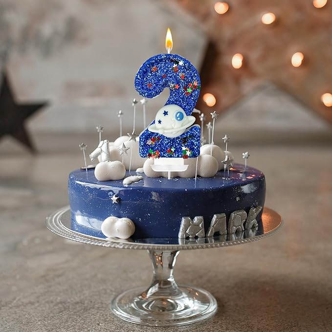HXOUSE Spaceship Number 2 Birthday Candles - Outer Space Universe Birthday Candles for Cake, 2 Candle Topper for Anniversary Celebrations, Astronaut Rocket Party Decorations for Boys