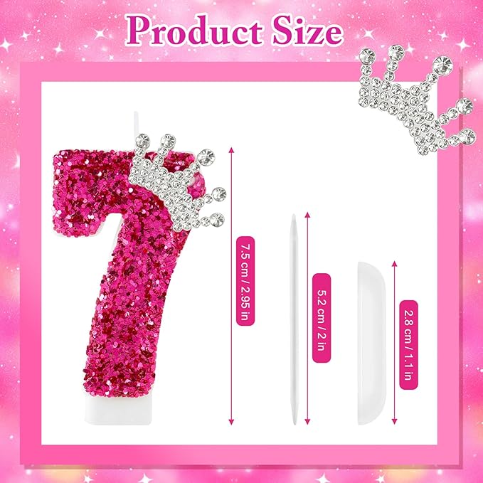 AKURIEEY Hot Pink Birthday Candles Crown Number 7 Candle Birthday Party Decorations Cake Topper Cupcake Decor for Anniversary Celebrations Supplies