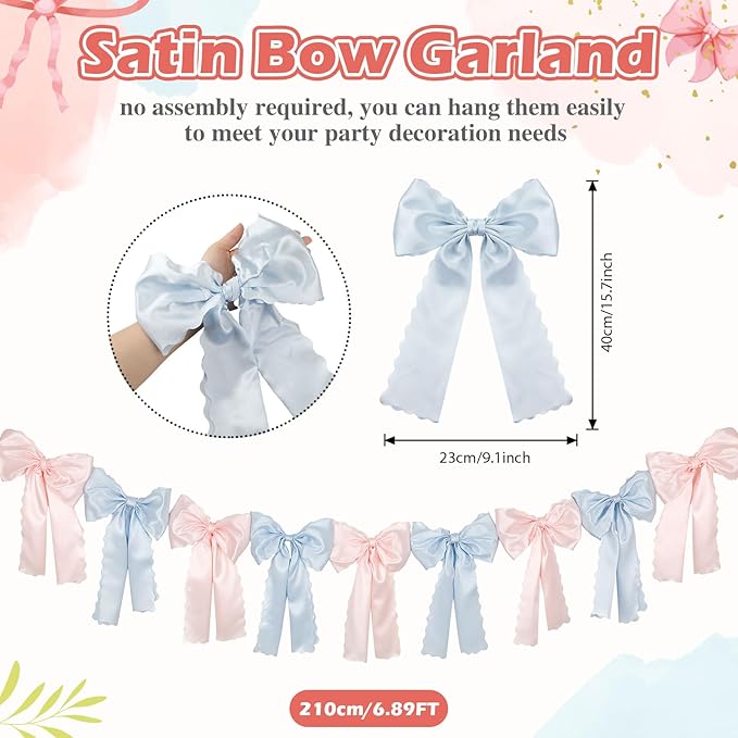 VitalCozy Pink Blue Bow Garland Decor for Gender Reveal Party Decorations, Pre-Strung Satin Ribbon Birthday Party Garland Bow Banner for Baby Shower Bachelorette Wedding Birthday Engagement Supplies