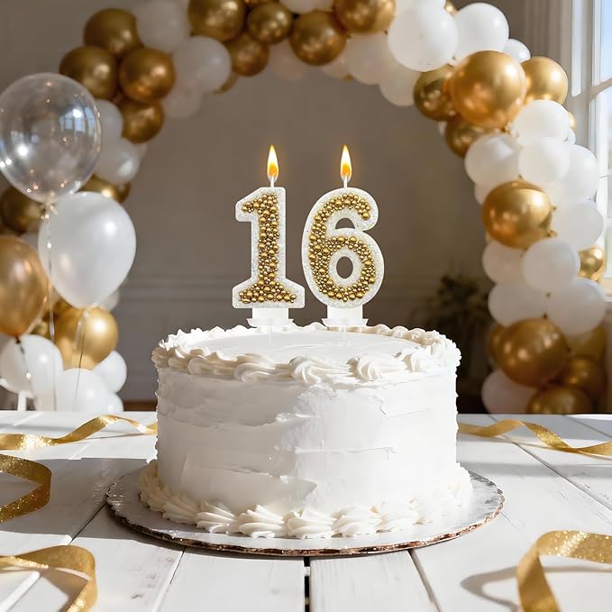 16 Birthday Number Candle for Cake, Glitter Number Candle with Gold Beads, Decorative Cake Topper for Milestone Celebrations