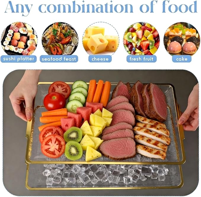 Baderke 16" x 9" Chilled Serving Tray for Parties with Compartments Ice Chilled Party Crudite Platter Charcuterie Serving Board Cold Dish Dip with Tableware for Seafood Vegetable (Gold Glitter)