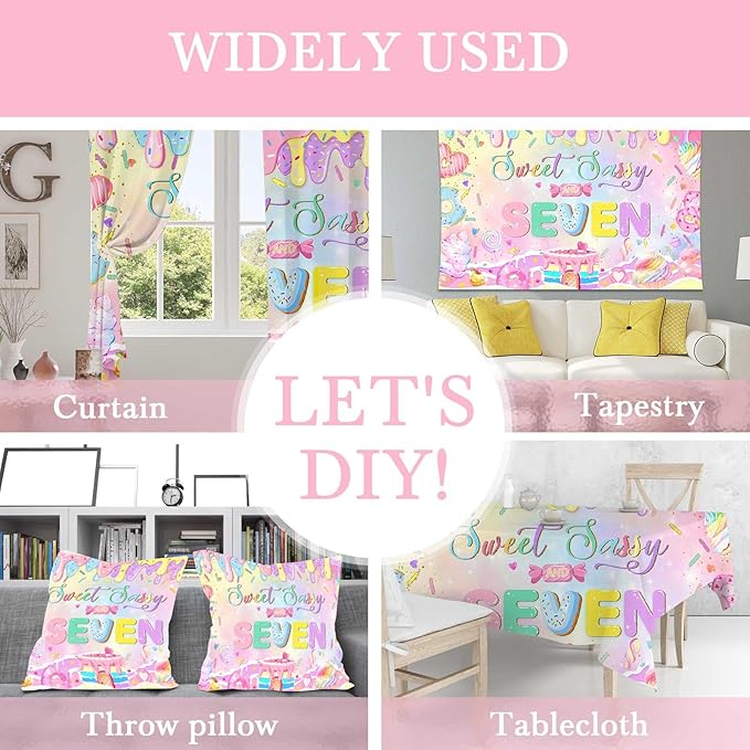 Mocsicka Donut 7th Birthday Banner Backdrop Sweet Sassy and Seven Birthday Party Decorations Banner for Girls Seven Birthday Party Banner for Phogography (Pink, 10x7ft(120"x82"))