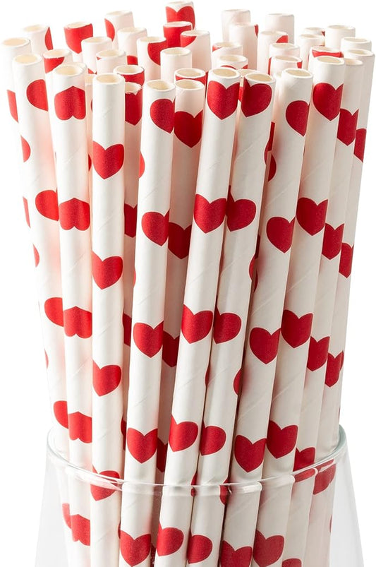 [100 Pack] Valentine Paper Straws, φ0.24''*8.27'' Red Heart Paper Straws for Valentines, Wedding, Party, Eco Friendly Drinking Straws (Red Heart, 0.24''*8.27'')