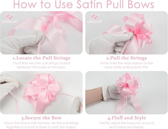 HUIHUANG Pink Pull Bows 12 PCS Light Pink Bow 4 inch Satin Gift Bows for Gift Wrapping, Presents, Gift Basket, Paper Bag, Baby Shower Favors, Wrapping Accessories, Wedding Christmas Decor