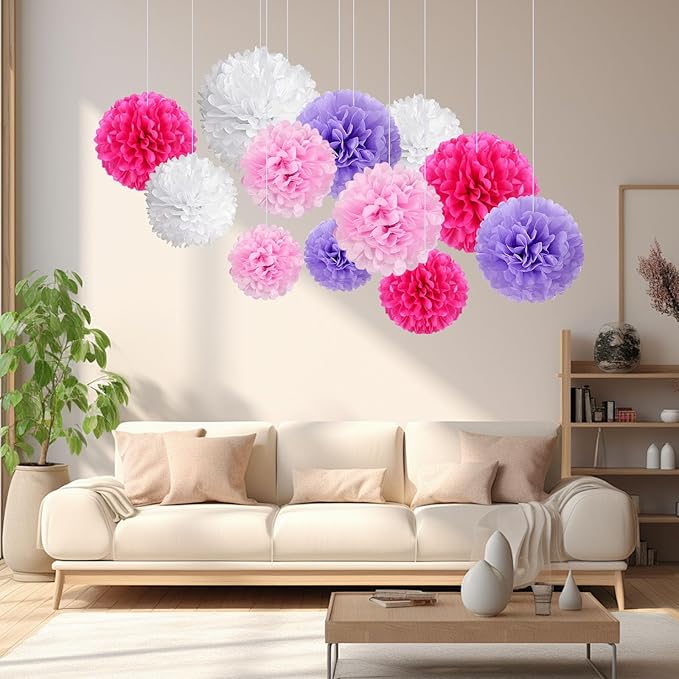 20 PCS Tissue Paper Pom Poms, Tissue Pom Poms Flowers, Sizes of 6", 10", 12", 14" Hanging Paper Flower Ball for Wedding, Birthday, Halloween, Christmas, Baby Shower Party Decor (Pink Purple White)