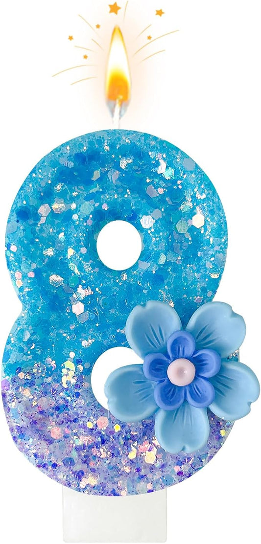 Blue Purple Flower Birthday Number Candles, Flower Theme Party Decorations, Cupcake Decorations, Suitable for Party Celebrations, Boys and Girls Birthday Decorations（8）