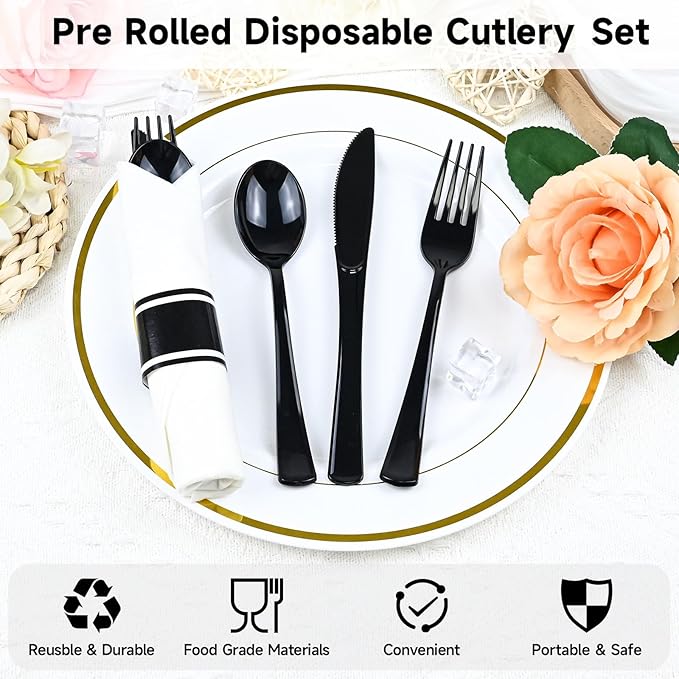 100 Pack Pre Rolled Disposable Utensils, Black Heavy Duty Cutlery Set Disposable Plastic Flatware, Including Forks, Knives, Spoons and Napkins for Parties, Weddings, Dinners & Events