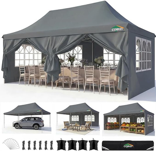 COBIZI 10x20 Pop Up Canopy with 6 Sidewalls, Conical Canopy Tents for Parties, Backyard, Commercial, Waterproof Event Tent Instant Shelter UV50+ Outdoor Gazebo with 4 Sandbags (Peak Drainage)