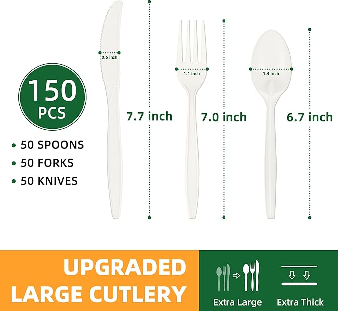 100% Compostable Cutlery Set, Disposable Cornstarch Utensils Heavy Duty BPI Certified Eco-Friendly Party Supplies No Plastic-150pcs (50 Forks,50 Spoons,50 Knives)