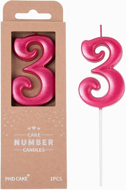 PHD CAKE 2.76 Inch Elegant Red 3 Number Birthday Candles, Red Number Candles, Cake Number Candles, Party Celebration
