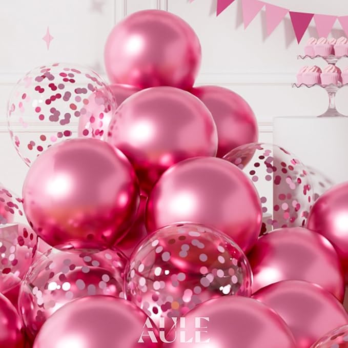 AULE Party Balloons Pack of 42 - Metallic Chrome Pink Balloons and Pink Confetti Latex Helium Balloons With 64ft Ribbons - 12 Inch Balloon Decoration Set