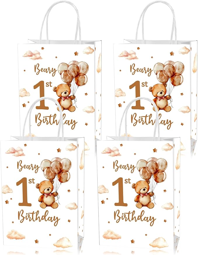 Roselush 16 Pcs Beary 1st Birthday Goodie Bag,Teddy Bear 1st Birthday Gift Snacks Treat Candy Party Favors Bags for Kids First Bday Party Decorations Supplies