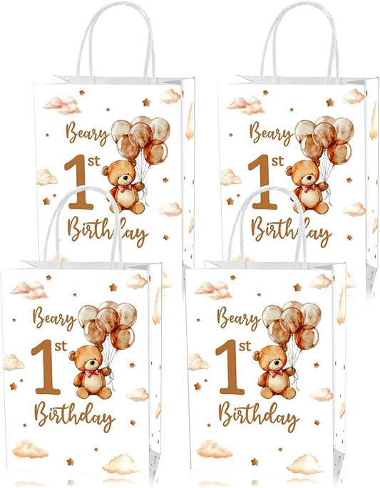 Roselush 16 Pcs Beary 1st Birthday Goodie Bag,Teddy Bear 1st Birthday Gift Snacks Treat Candy Party Favors Bags for Kids First Bday Party Decorations Supplies