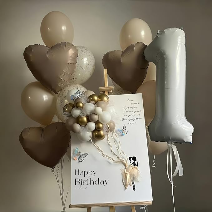 40 Inch Beige Number 1 Balloon for 1st Birthday Decoration, Large Self Inflating Cream Foil Number Balloons 0-9 for Boys Girls, White Sand 1 Helium Balloons for Women Men Party Anniversary Supplies
