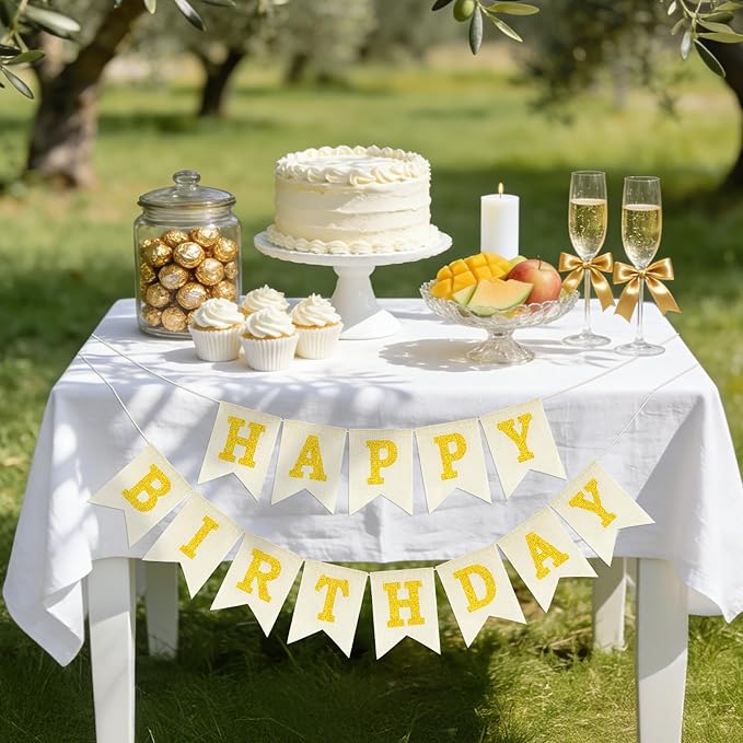 Anwyll Happy Birthday Banner - NO DIY Burlap Happy Birthday Banner Sign Happy Birthdays Party Decoration Happy Birthdays Banners Bunting for Women Men Girl Boy Celebration Party Backdrop(Glitter Gold)