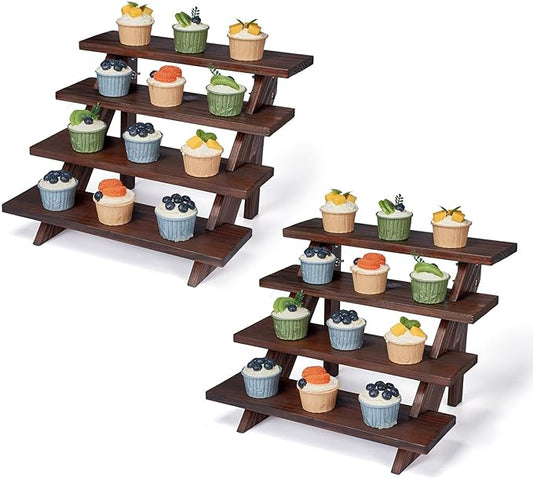 DAOYOUSKY 2Pcs Wooden Rustic Cupcake Stand for 24 Cupcakes, Stepped Wood Display Stand for Weddings, Tiered Party Table Display Riser for Food , Dessert, Cookie, Decor, Craft Show, Brown