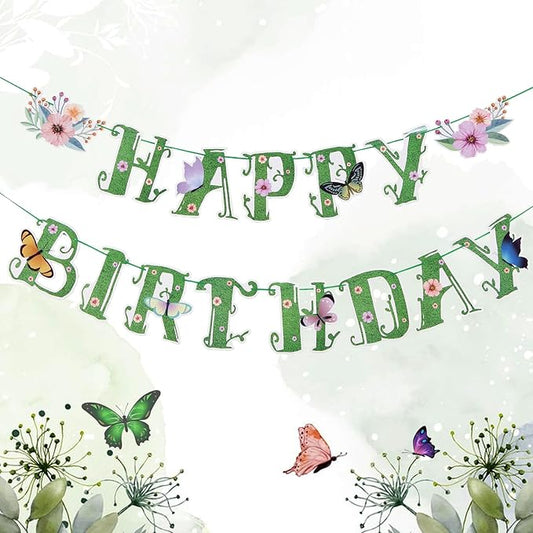 SUNBEAUTY Wildflower Happy Birthday Banner Green Spring Butterfly Flowers Party Banner Floral Birthday Decoration Spring Butterfly Birthday for Women Girl Baby Shower Garden Tea Fairy Party Supplies | Pre-Strung