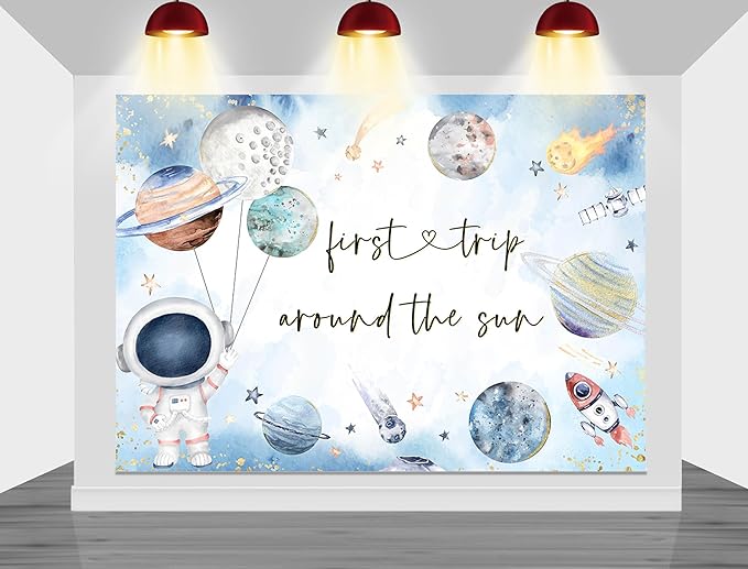 Mocsicka First Trip Around The Sun Backdrop Outer Space 1st Birthday Party Decorations Banner for Boys Kids Galaxy Planets Rocket First Birthday Photography Background (White, 10x8ft(120"x96"))