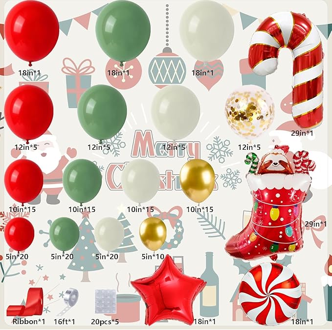 Christmas Balloon Arch Garland Kit 159pcs Red Sage Green Gold Balloons With Candy Cane Swirl Christmas Stocking Foil Balloons Friendsmas Santa Ugly Sweater Party Decorations